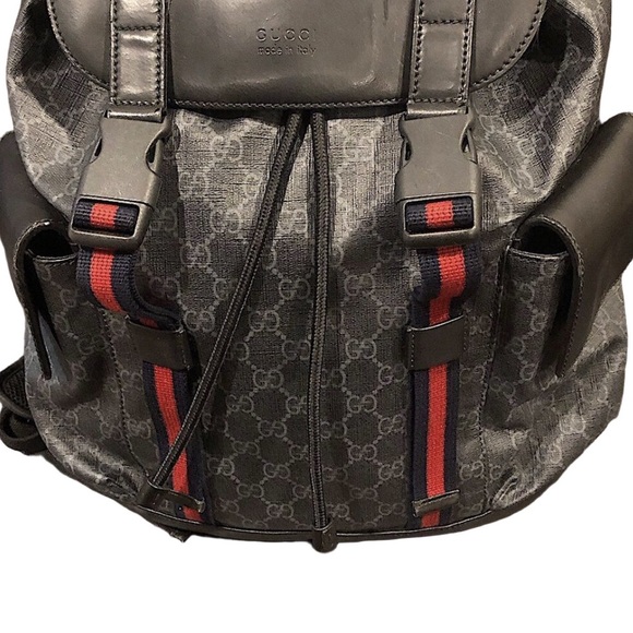GUCCI GG Supreme Black Canvas Leather Double Navy Red Buckle Backpack w/ COA - Picture 11 of 17